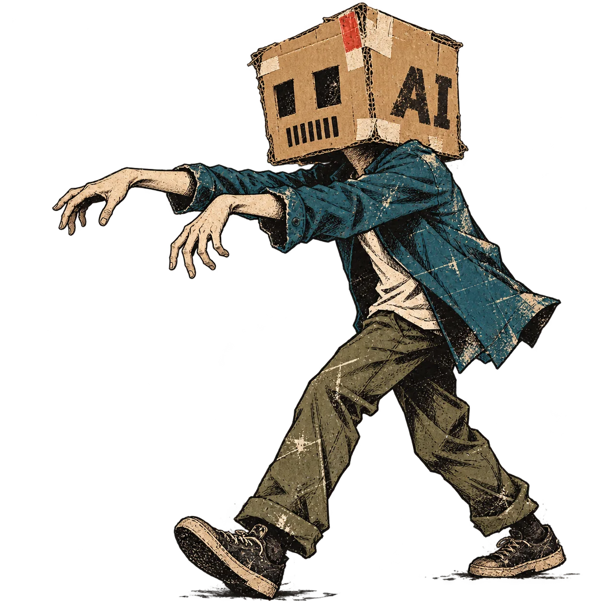 An ink-and-collage figure reaching forward in a playful zombie-like pose, wearing a handmade cardboard robot head marked AI