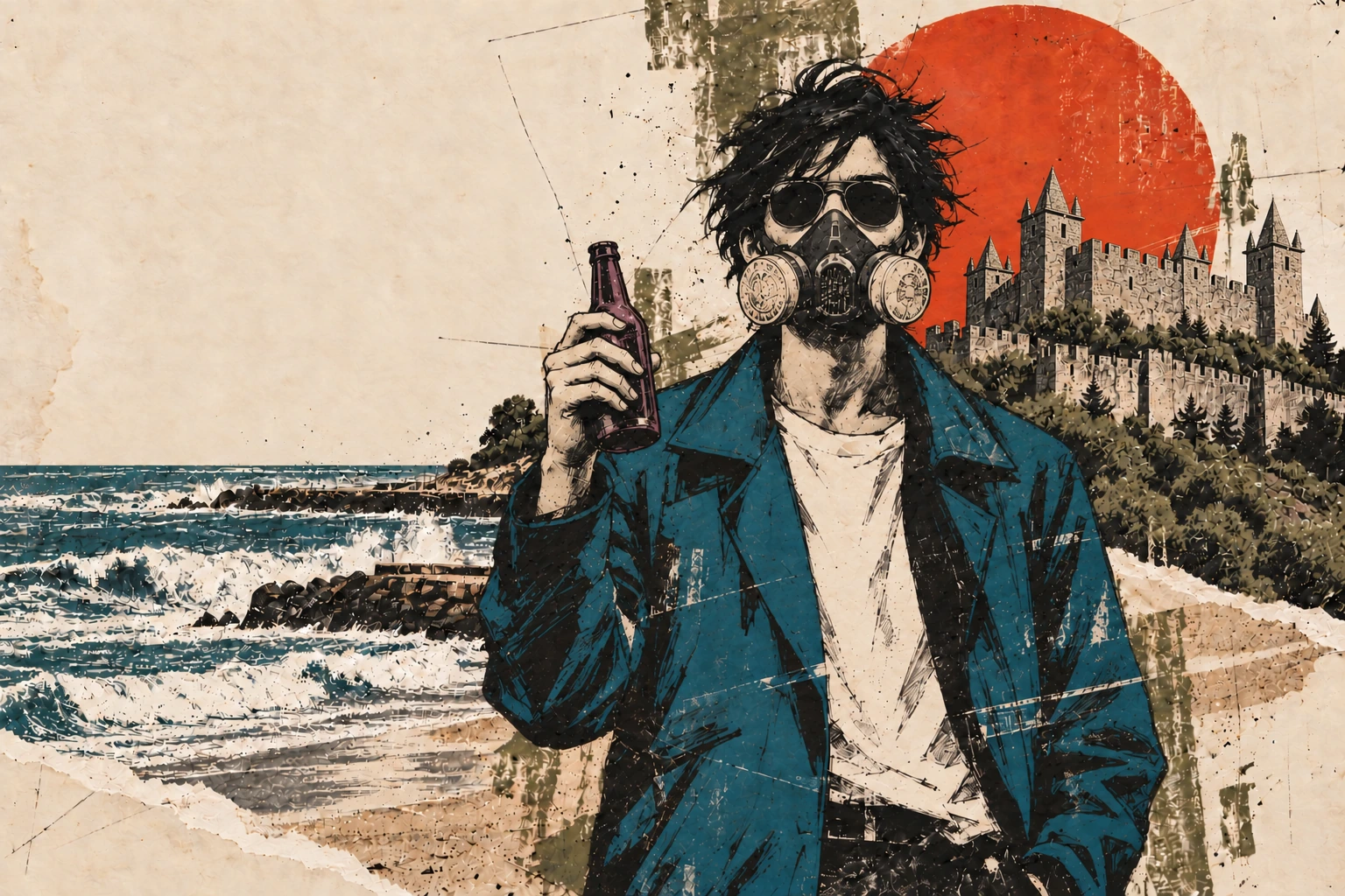 Front-facing illustrated portrait inspired by Tiago, wearing a painter’s respirator and sunglasses and holding a bottle, with Santa Maria da Feira Castle and the sea at Espinho in the background